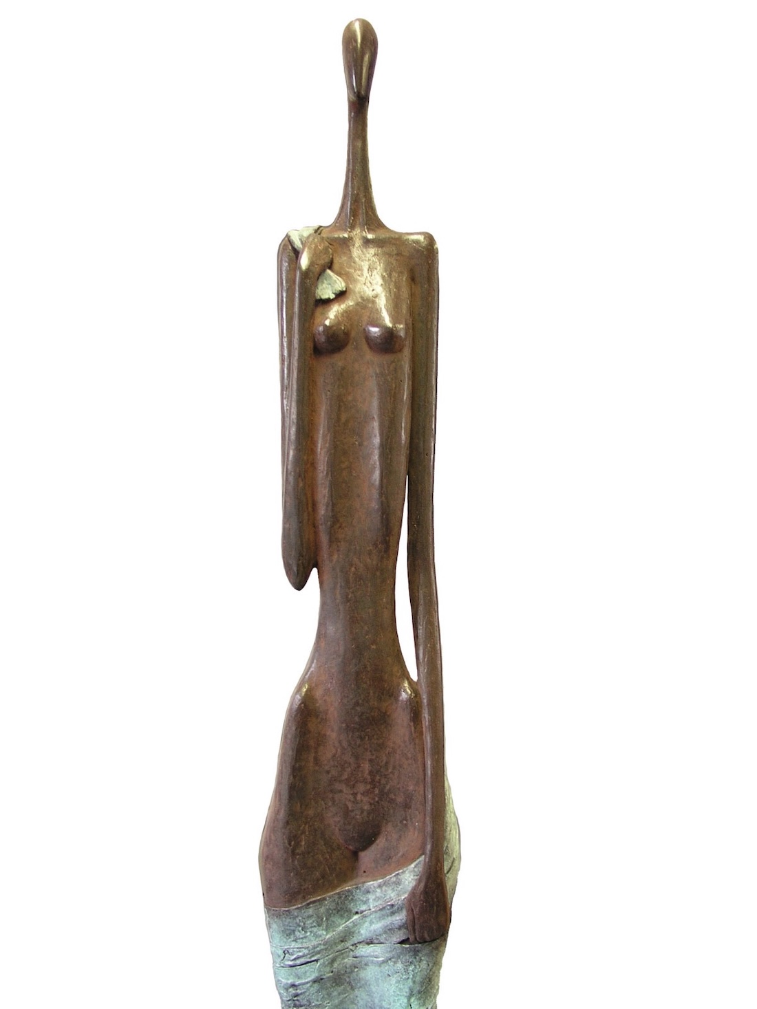 Bronzen beeld Vrouw, een kunstwerk van 170cm hoog, manshoog en zeer smal, vrouwenfiguur in brons. Een ranke bronsplastiek van beeldend kunstenaar Ragonda IJtsma